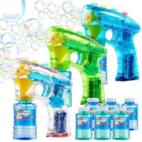 JOYIN 3 Seifenblasen Pistolen für Kinder, LED Seifenblasenpistole mit 6 Seifenblasen Flüssigkeit, Seifenblasenmaschine für Bubble Party Gefälligkeiten, Sommerspielzeug, Outdoor und Indoor Aktivitäten von JOYIN