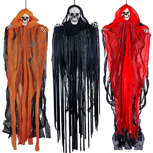 JOYIN 3 Stück Halloween hängende Sensenmänner, 90 cm + 70,1 x 2 cm, hängende Skelett Geister für beste Halloween Innen- und Außendekorationen, Spukhaus Deko von JOYIN