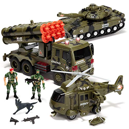 JOYIN 3 in 1 Reibungsbetriebenes Sirenen-Militärfahrzeugspielzeug mit Actionfiguren, einschließlich Militärlastwagen, Hubschrauber- und Panzerspielzeug, Militärfahrzeugen mit Licht- und Tonsirene von JOYIN