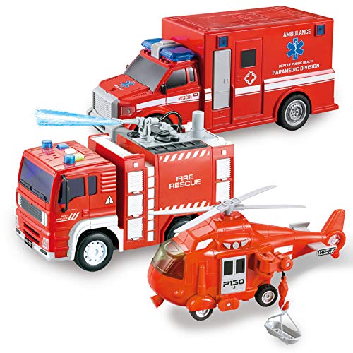 JOYIN 3 in 1 Reibungsgetriebenes Feuerwehr Spielzeug, Rettung Fahrzeug LKW Auto Set mit Hubschrauber, Krankenwagen und Feuerwehrauto mit Licht und Ton, Geschenk für Kinder Jungen von JOYIN