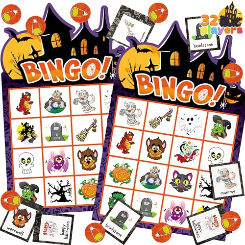 JOYIN 32 Halloween-Bingo-Spielkarten (4x4 und 5x5) – 16 Spieler für Halloween-Party-Kartenspiele, Spiele für die Schule, „Süßes oder Saures“, Halloween-Partyzubehör, Familienaktivität von JOYIN