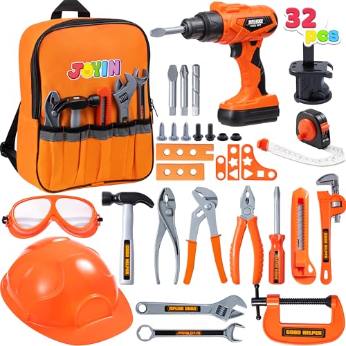 Joyin 32 Pcs Kinder Bauwerkzeug Spielzeug Set, Rucksack von Werkzeugspielzeug mit Elektrobohrmaschine Spielzeug, Bauhelm, Bauwerkzeug von Joyin