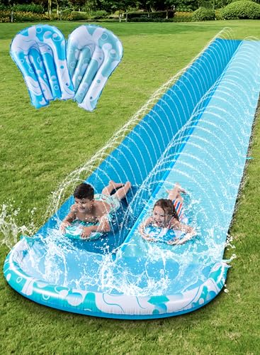 JOYIN 32,5ft/990.6cm Wasserrutsche und 2 aufblasbare Boards, extra Lange Doppel-Garten-Wasserrutsche mit Sprinkler für Kinder und Erwachsene, Sommer-Wasserspielzeug für den Garten, Blau, Hellblau von JOYIN
