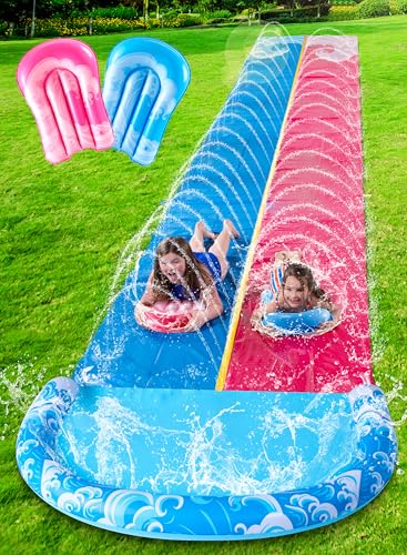 JOYIN 32,5ft/990.6cm Wasserrutsche und 2 aufblasbare Boards, extra Lange Doppel-Garten-Wasserrutsche mit Sprinkler für Kinder und Erwachsene, Sommer-Wasserspielzeug für den Garten, Blau, Rosa von JOYIN