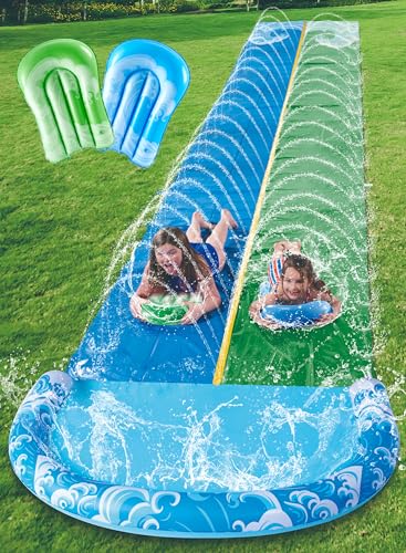 JOYIN 32,5ft/990.6cm Wasserrutsche und 2 aufblasbare Boards, extra Lange Doppel-Garten-Wasserrutsche mit Sprinkler für Kinder und Erwachsene, Sommer-Wasserspielzeug für den Garten, Blau, Grün von JOYIN