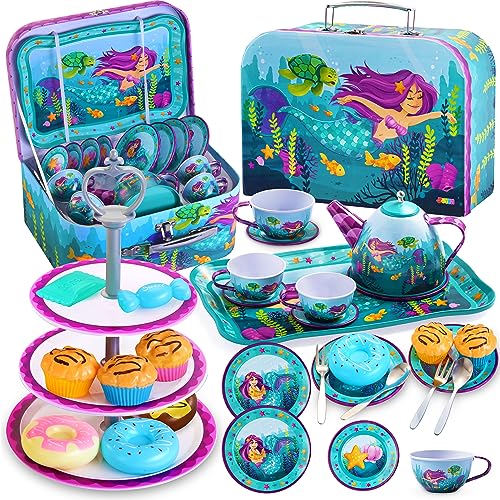 JOYIN 35Pcs Teeservice Kinder Meerjungfrau Tee Party Set für Mädchen, Tin Teekanne Set, Prinzessin Tee Zeit Spielen Küche Spielzeug mit Dessert, Donut, für Geschenke Kinder ab 3 4 5 6 Jahren von JOYIN