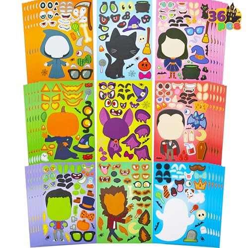 JOYIN 36 Stück Gestalte ein Gesicht Halloween-Aufkleberbögen zum Selbermachen, Mix and Match Stickerbögen mit 6 verschiedenen Designs, Vampir, Hexe, Geist und mehr, Kinderpartyzubehör, Bastelzubehör JOYIN 36 Stück Gestalte ein Gesicht Halloween-Aufkleberbögen zum Selbermachen, Mix and Match Stickerbögen mit 6 verschiedenen Designs, Vampir, Hexe, Geist und mehr, Kinderpartyzubehör, Bastelzubehör von JOYIN