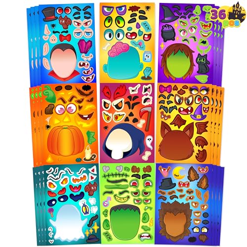 JOYIN 36 Stück Gestalte ein Gesicht Halloween-Aufkleberbögen zum Selbermachen, Mix and Match Stickerbögen mit 6 verschiedenen Designs, Vampir, Hexe, Geist und mehr, Kinderpartyzubehör, Bastelzubehör von JOYIN