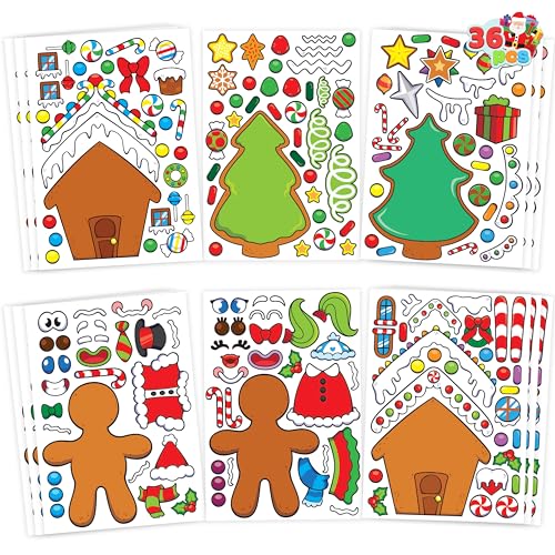 JOYIN 36 Stück Weihnachten Make-a-Gesicht Aufkleber Blätter Machen Sie Ihre eigenen Weihnachten Lebkuchen Aufkleber Serie und Bäume Aufkleber Blätter Kinder Party Favor Supplies Craft von JOYIN