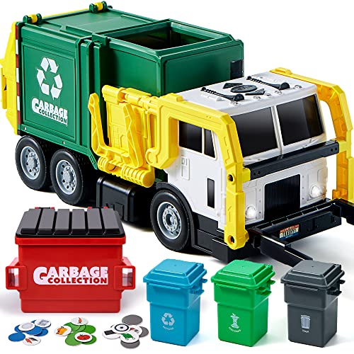 JOYIN 40cm Großer Müllwagen Spielzeug, Reibungsangetriebener Müllwagen mit Lichtern und Geräuschen, mit Frontlader-Mülltonne, 3 seitlichen Mülleimern mit 30 Stück Müllkarten von JOYIN