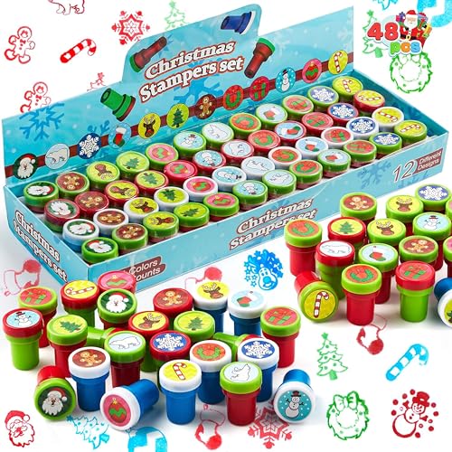 JOYIN 48 Stück Weihnachten Stempelset für Kinder, Selbstfärbende Stempel (12 Verschiedene Designs, Plastikstempel) für Gastgeschenke, Stocking Stuffers, Schulpreise und Mitbringsel von JOYIN