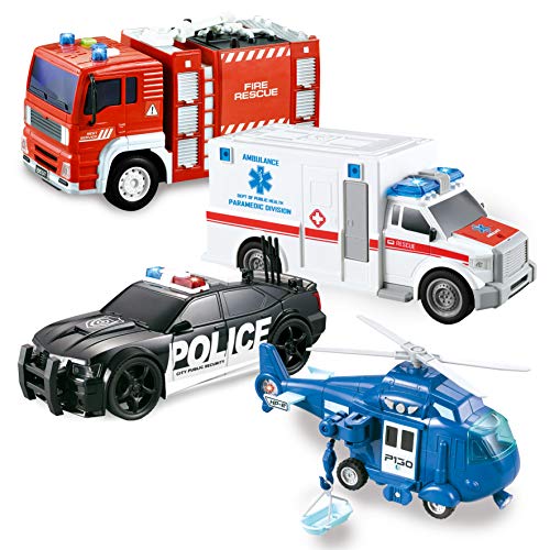 JOYIN 4er Pack Reibungsgetriebenes City Hero Spielzeug mit Feuerwehrauto, Krankenwagen, Polizeiauto und Hubschrauber-Einsatzfahrzeugen mit Licht und Ton, Geschenk für Kinder Jungen von JOYIN