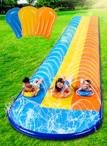 Sloosh 548 cm Rutschrutsche mit DREI Bahnen und 3 Boogie-Brettern, Garten-Rasen-Wasserrutschen mit Sprinkler für Kinder und Erwachsene im Freien von Sloosh