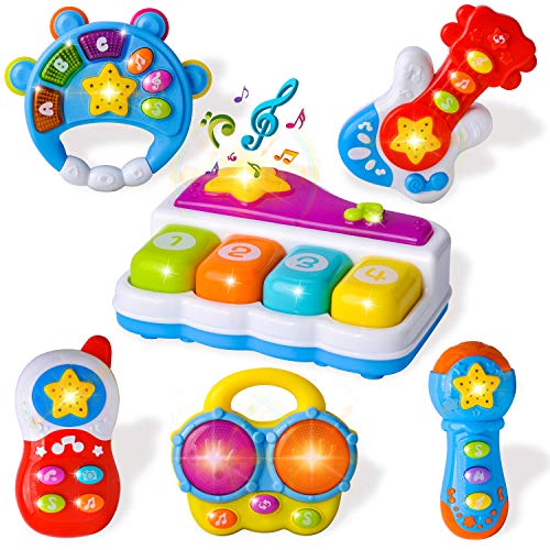JOYIN 6 STÜCKE Sensorisches Musikinstrument-Spielzeug für Kleinkinder, inklusive Lenkrad-Spielzeug, Rollenspiel-Handy mit Musik, Klavier-Tastatur-Spielzeug für Kleinkinder Jungen und Mädchen von JOYIN