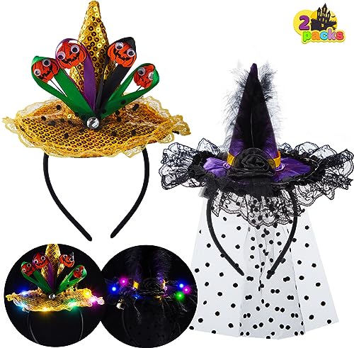 JOYIN 2 Stück Halloween-LED-Stirnbänder, leuchtende Hexenhut-Stirnbänder, Kürbis-Pailletten-Hut-Stirnbänder für Halloween-Kostüme, Partyzubehör, Halloween-Partygeschenke, Cosplay, Halloween-Zubehör von JOYIN
