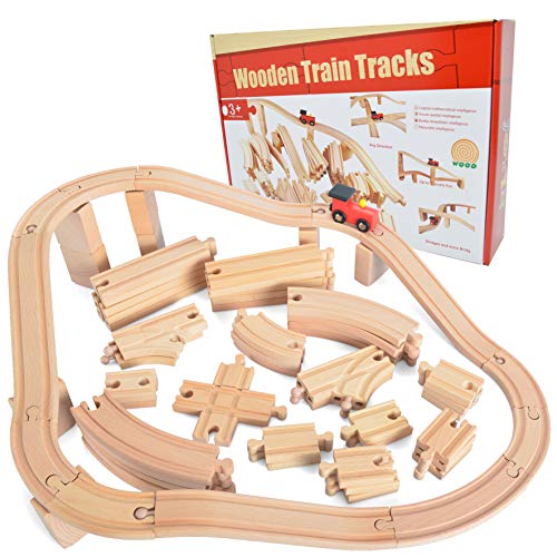 JOYIN 62 Stück Holzeisenbahn Set Spielzeug mit 1 Holzbahn, Kompatibel mit Allen wichtigen Marken, Bahn Spiel Set Eisenbahn für Kinder von JOYIN