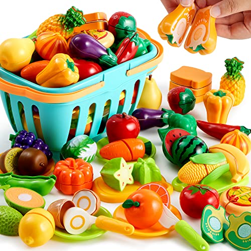 JOYIN 68Pcs Schneiden Spielen Lebensmittel Spielzeug für Kleinkinder Küche, gefälschte Lebensmittel umfasst Kunststoff Obst &Gemüse, Aufbewahrungskorb, Mini-Gerichte und Messer Kleinkind Geschenke von JOYIN