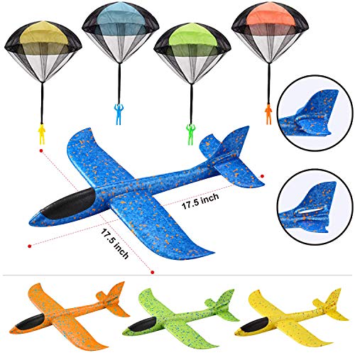 JOYIN 4 Sets Schaumstoffflugzeuge und Fallschirm-Spielzeug Set, 2 Flugmodus-Gleitflugzeuge, große Wurf-Schaumstoffflugzeuge und Fallschirme, Flugspielzeug für Kinder zum Spielen von JOYIN