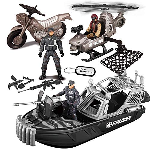 JOYIN 9 Pcs Combat Boat and Military Vehicle Toys Set with Realistic Military Combat Boat, Mini Helicopter, Motorcycle, Army Men Toy Soldiers Action Figures and Other Equipment Accessories von JOYIN