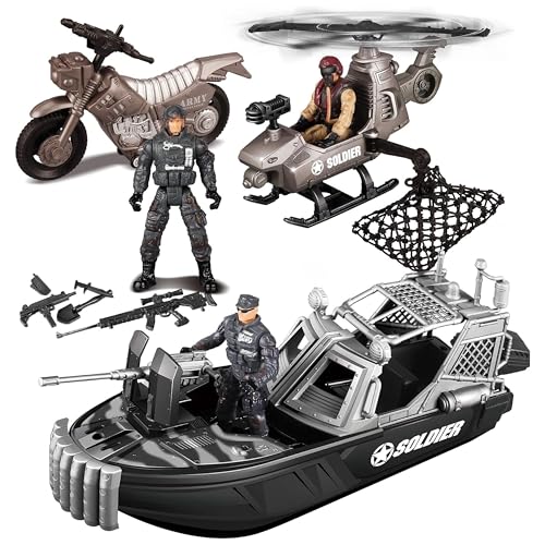 JOYIN 9 Pcs Combat Boat and Military Vehicle Toys Set with Realistic Military Combat Boat, Mini Helicopter, Motorcycle, Army Men Toy Soldiers Action Figures and Other Equipment Accessories von JOYIN