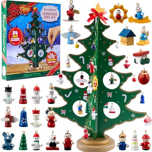 JOYIN Adventskalender 2024 mit Hölzernen Weihnachtsbaum und 28 Ornamenten, 24 Tage Weihnachten Countdown Adventskalender für Erwachsene Jungen Mädchen Kinder Spielzeug Geschenke Decoration von JOYIN