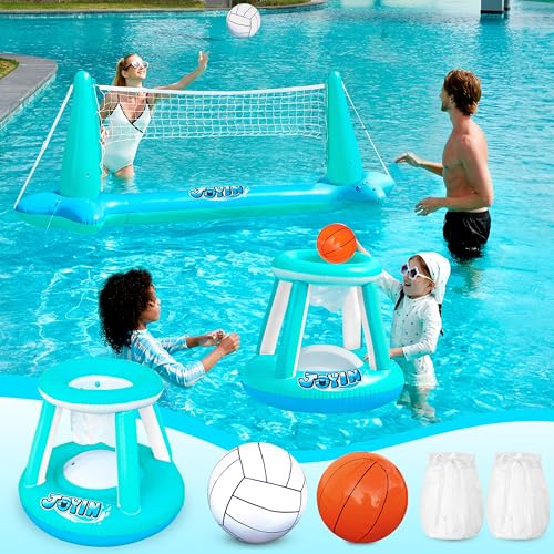 JOYIN Aufblasbare Pool Float Set, Volleyballnetz & Basketballkörbe & Bälle für Kinder Erwachsene, Wasserballspiel Poolspielzeug Volleyball Basketball Pool Spielzeug, Wassersport Sommerspielzeug，blau von JOYIN