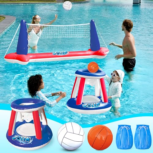 JOYIN Aufblasbare Pool Float Set, Volleyballnetz & Basketballkörbe & Bälle für Kinder und Erwachsene, Wasserballspiel Poolspielzeug Volleyball Basketball Pool Spielzeug, Wassersport Sommerspielzeug von JOYIN