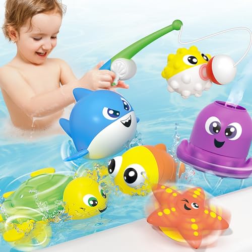 JOYIN Badespielzeug, Angelspiel mit 6 Stück aufziehbarem Badespielzeug, schwimmendes Pool-Badewannenspielzeug,Spritzen Badewannenspielzeug,Montessori-Spielzeug für Kleinkinder für 1,2,3,4,5,Jahre von JOYIN