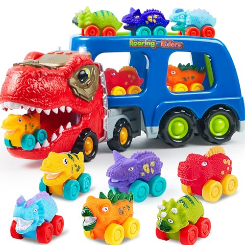 JOYIN Mini Dinosaurier LKW Spielzeug, mit 6 Fahrzeugen aus weichem Gummi, mit Musik und Sound, blinkenden Lichtern, Dino Spielzeugautos Geschenke für Jungen und Mädchen ab 3 4 5 Jahren(Blau) JOYIN Mini Dinosaurier LKW Spielzeug, mit 6 Fahrzeugen aus weichem Gummi, mit Musik und Sound, blinkenden Lichtern, Dino Spielzeugautos Geschenke für Jungen und Mädchen ab 3 4 5 Jahren(Blau) von JOYIN