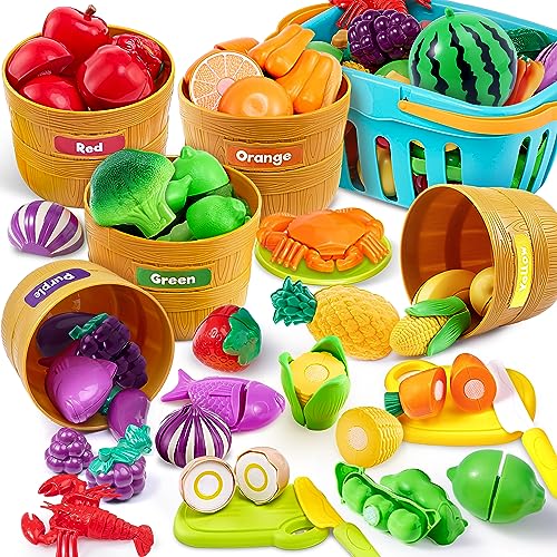 JOYIN Color Sorting Play Food Set, 69-teiliges Schneide-Lebensmittel-Spielzeug, Küchenzubehör für Kinder, Lernspielzeug für Jungen & Mädchen, Kleinkind-Sortier-/Feinmotorik-Spielzeug, Lernspielzeug von JOYIN