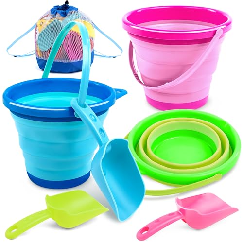 JOYIN Faltbarer Eimer mit Schaufeln und Netztasche, Mehrzweckeimer für Strand, Campingausrüstung, Strandparty, Angeln und lustige Sommeraktivitäten, 3 Packungen (blau/rosa/grün) von JOYIN