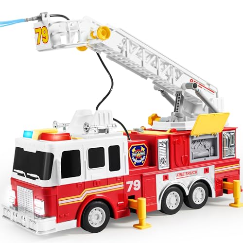 JOYIN Feuerwehrauto Spielzeug für Jungen mit 33-Zoll-Leiter, elektrischen Knöpfen, Lichtern, realistischen Sirenen, drehbarer Schlauchtrommel und Abnehmbarer Wasserpumpe von JOYIN