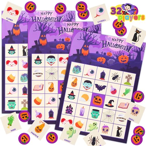 JOYIN Halloween-Bingo-Spiel für 32 Spieler, Bingo-Karten für Kinder für Halloween-Partyspiele, Familienaktivitäten für große Gruppen, Partyzubehör für das Schulklassenzimmer von JOYIN