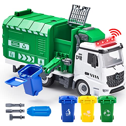 JOYIN Jumbo Take Apart Friction Powered Side-Dump Recycling Müllwagen Spielzeug mit Licht und Sounds, 3 Mülleimer, Schraubendreher Spielzeug, für DIY Montage von JOYIN