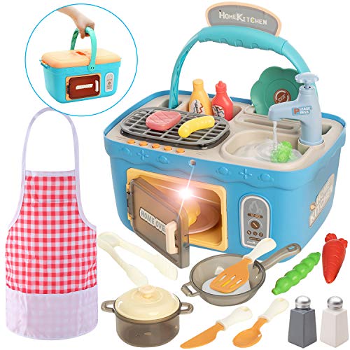 JOYIN Kinder Küchenspielzeug Picknick Set, tragbare Picknickkorb Spielzeug mit Musik und Lichtern, farbwechselndes Spielessen, Küche Spüle Spielzeug, Küchenspielset Geschenk für Kinder Jungen Mädchen von JOYIN