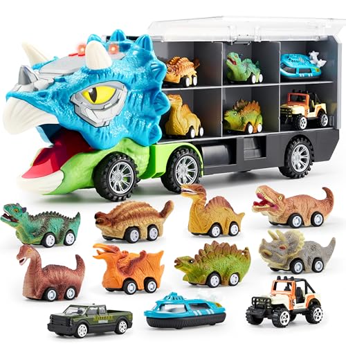 JOYIN13 Stück Triceratops Dinosaurier Spielzeug Autotransporter für Kinder,12 Zurückziehbaren Dinosaurier-Autofahrzeugen,1 Spielzeug-Dinosaurier-Transportwagen mit Musik,Sound,Lichtern,1 Hubschrauber JOYIN13 Stück Triceratops Dinosaurier Spielzeug Autotransporter für Kinder,12 Zurückziehbaren Dinosaurier-Autofahrzeugen,1 Spielzeug-Dinosaurier-Transportwagen mit Musik,Sound,Lichtern,1 Hubschrauber von JOYIN