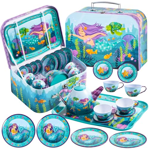 JOYIN Meerjungfrau Wackelkäfer Teeservice Tin Teekanne Set für Kinder Tee Party Küche Teekanne Set Spielzeug Kinder geburtstagsgeschenk 3-8 Jahre von JOYIN