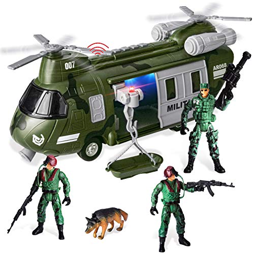 JOYIN Militärfahrzeuge Spielzeug-Set mit Reibungsantrieb, Transporthubschrauber mit Licht, Tonsirene und Soldatenarmee, Spielzeug für Kinder von JOYIN