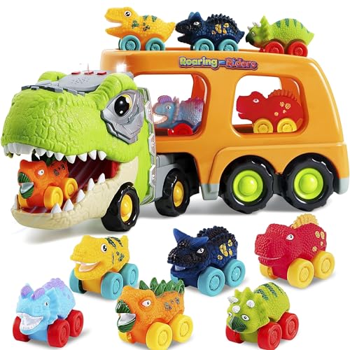 JOYIN Mini Dinosaurier Transportwagen Spielset mit 6 Spielzeug fahrzeugen aus weichem Gummi, mit Musik und dröhnendem Sound, blinkenden Lichtern, Geschenke für Jungen und Mädchen ab 2 Jahren von JOYIN