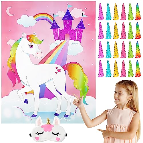 JOYIN Pin The Unicorn Horn Spiel -53cm x 71cm Einhorn Themed Partyspiele mit 24 PCs Horn Aufkleber Party Supplies Kinder Geburtstag Party Dekoration von JOYIN