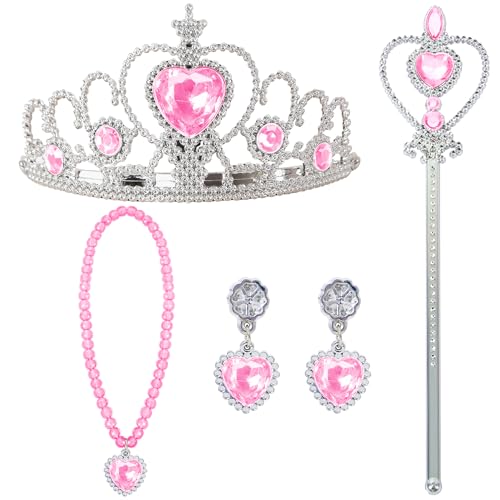 JOYIN Prinzessinnen-Kostümset, 5-teiliges Set mit Krone, Zauberstab, Halskette und Ohrringen, das Schneekönigin-Kostüm als Party-Zubehör für Karneval (Pink) von JOYIN