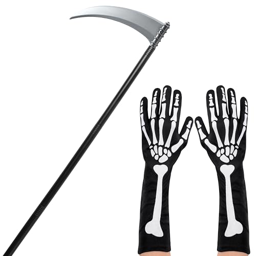 JOYIN Sensenmann Zubehör Set mit Sensenmann Sense und gruseligen Skeletthandschuhen Halloween Sichel Waffe Requisite Kostüm für Party, 109cm JOYIN Sensenmann Zubehör Set mit Sensenmann Sense und gruseligen Skeletthandschuhen Halloween Sichel Waffe Requisite Kostüm für Party, 109cm von JOYIN