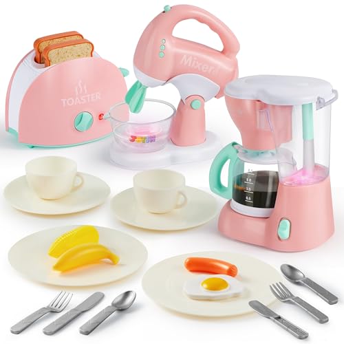 JOYIN Spielküchen Spielzeug, Rollenspiel Küchengeräte Spielzeugset mit Kaffeemaschine, Mixer, Toaster mit realistischen Lichtern und Geräuschen, Geschenk für Kinder im Alter von 2 3 4 5 Jahren (Pink) von JOYIN