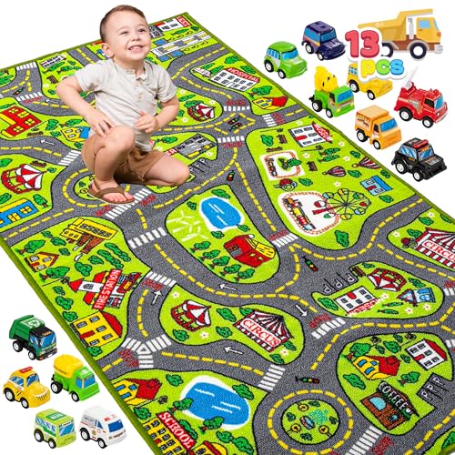 JOYIN Teppich Kinderzimmer 80x150cm mit 12 Mini Auto Spielzeug für Kinder, Spielteppich Straße Kinderteppich, Autoteppich Junge Mädchen für Schlafzimmer & Spielzimme von JOYIN