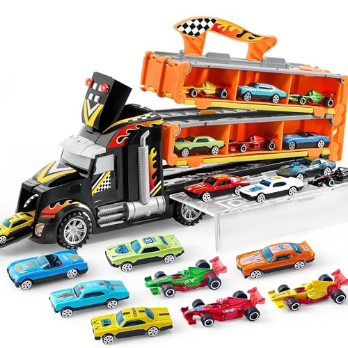 JOYIN Transporter Truck Spielzeugautos für Jungen ab 3 4 5 6, 12 Leichtmetall Rennautos mit 2 Werfern, Tragbares Rennbahn Truck Spielzeugauto mit Lichtern und Sound, LKW Spielzeug Set für Kinder 3+ von JOYIN