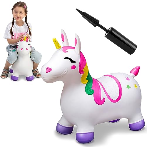 JOYIN Hüpftier Einhorn für Kinder, inklusive Luftpumpe, Aufblasbares Hüpfspielzeug aus,Hopser Unicorn,fördert Gleichgewichtssinn, hüpftier ab 2,3,4,5,6,Tierohren als Halt,Robust & Widerstandsfähig von JOYIN