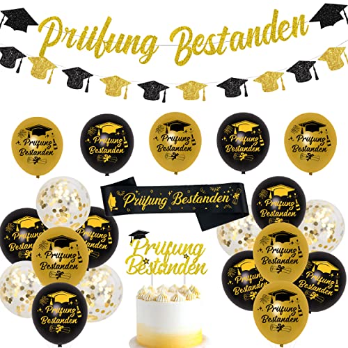 JOYMEMO Abschlussfeier Party Dekorations Prüfung Bestanden Girlande Ballons Schwarz ABI Deko Abitur Abschluss Deko 2023 Prüfung Bestanden Schärpe Tortentopper Graduierung Accessoire Deko Set von JOYMEMO