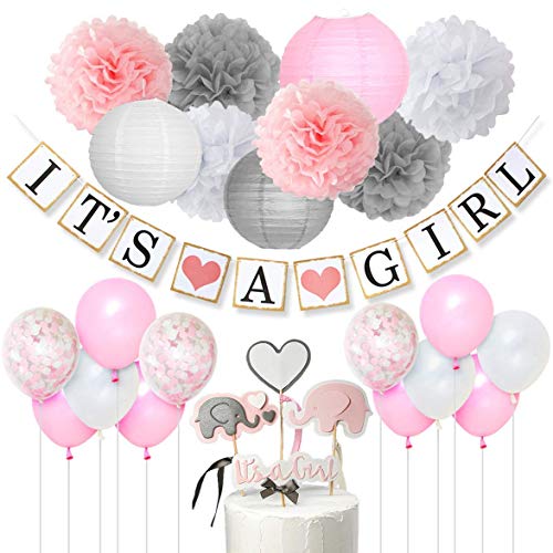 Babyparty-Dekorationen für Mädchen Rosa, Weiß und Grau Es ist ein Mädchenbanner, ein Elefantenkuchendeckel, Konfetti-Luftballons, Pompons aus Papier für Babypartyzubehör Babyparty-Dekorationen für Mädchen Rosa, Weiß und Grau Es ist ein Mädchenbanner, ein Elefantenkuchendeckel, Konfetti-Luftballons, Pompons aus Papier für Babypartyzubehör von JOYMEMO