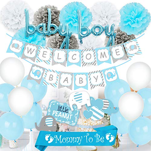 JOYMEMO Blaue Baby-Dusche-Dekorationen für junge, Mama, Schärpe, Elefanten-Mittelstücke, Willkommen Baby Banner Boy Ballons für Elefanten-Baby-Dusche zu sein von JOYMEMO