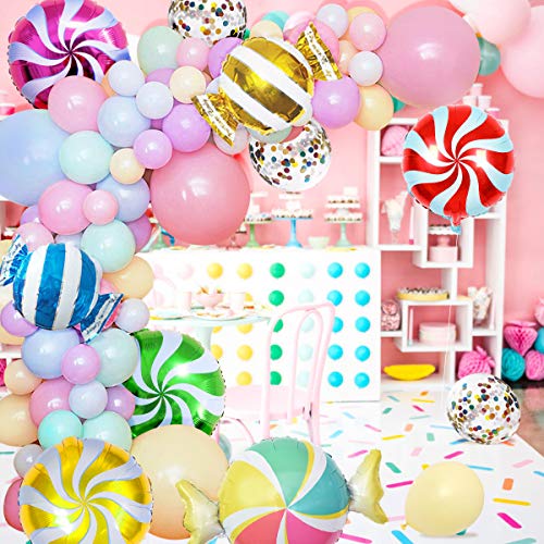 Candy Ballon Girlande und Arch Kit - Candyland Party Dekorationen mit Pastell Macaron Lollipop Ballons für Weihnachten Urlaub Candy Theme Baby Shower Birthday Party Supplies von JOYMEMO